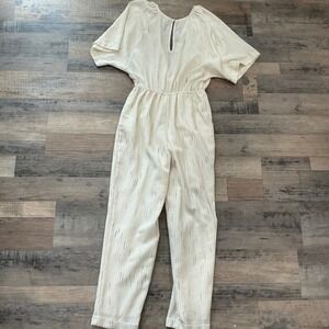 Cream Metallic Silver Pinstripe Jumpsuit V-Neck Elastic Waist XS